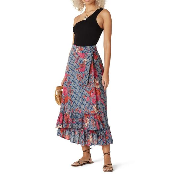 Apiece Apart Feliz Wrap Skirt Blue Red Floral Check Ruffle Hem Midi Size 0 - Picture 1 of 7